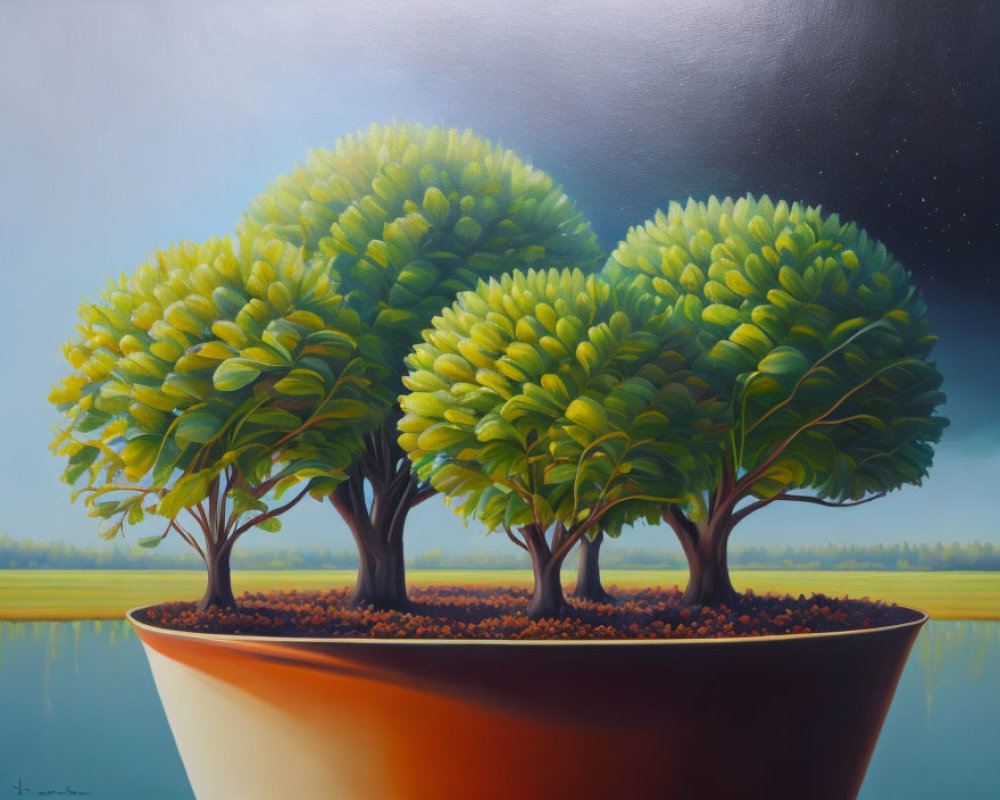 Vibrant lush trees in terracotta planter at sunset to starry night