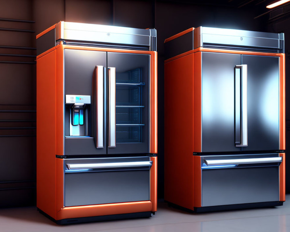 Modern Orange French Door Refrigerators in Ambient-Lit Room