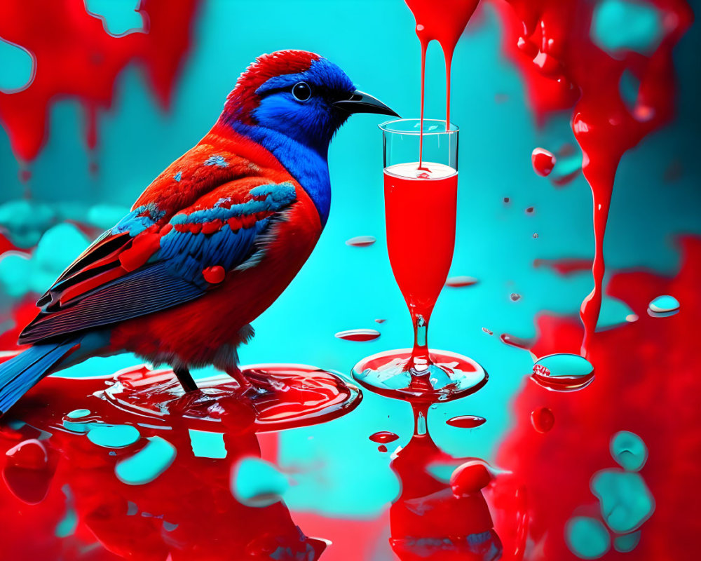 Colorful bird next to red drink on teal background.