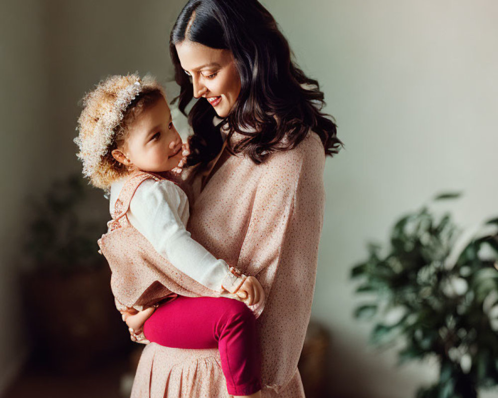 Smiling woman and child in pastel dress, indoor setting