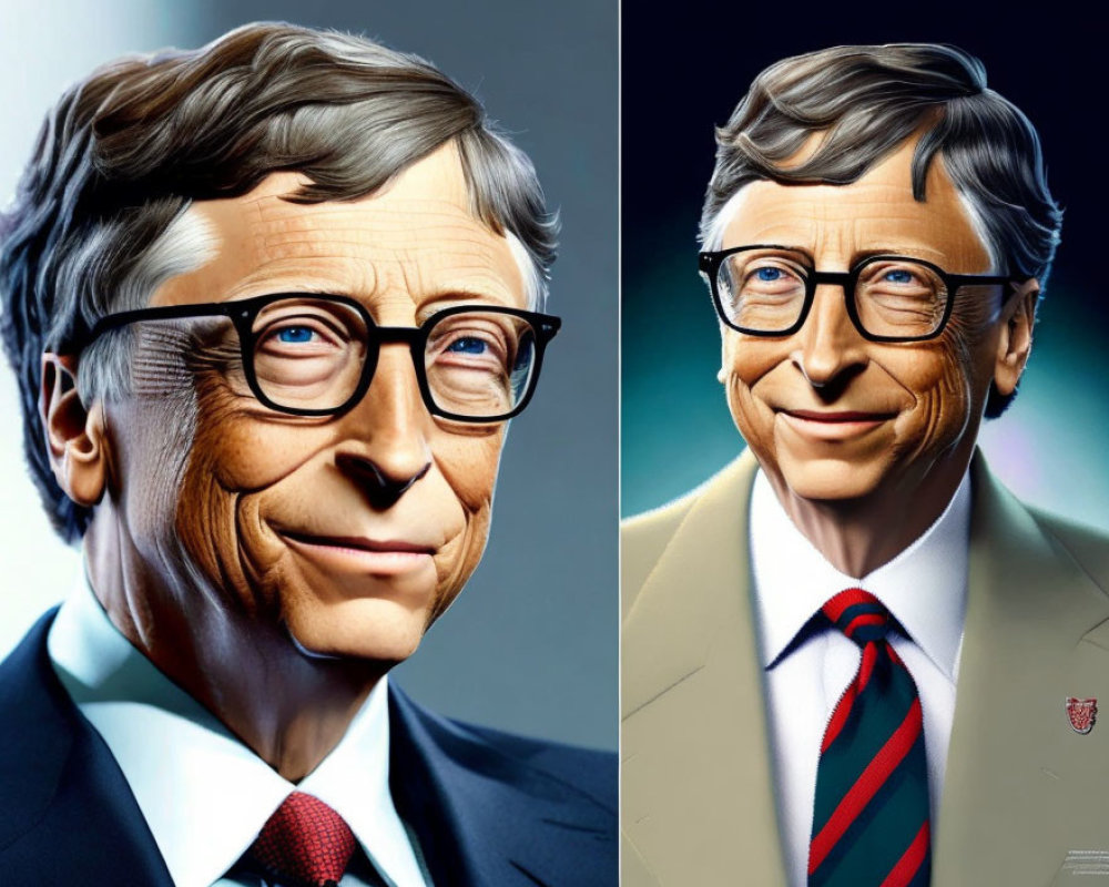 Smiling man in glasses with blue and beige suits and ties