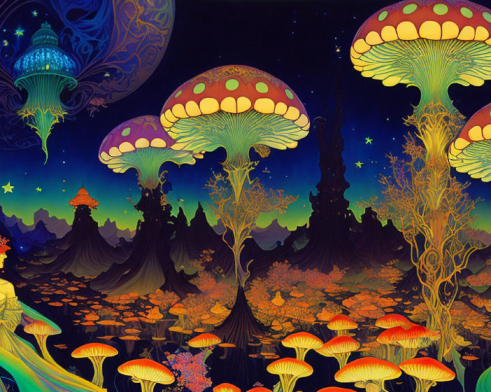 Colorful psychedelic landscape with oversized mushrooms and glowing plants