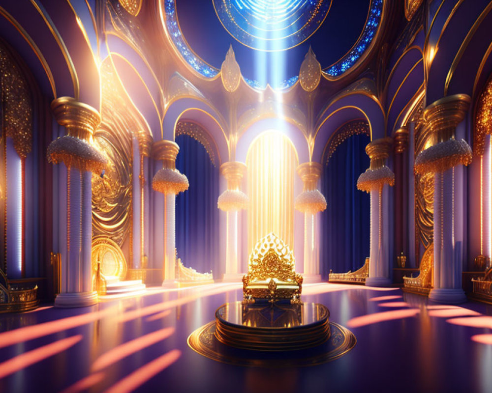 Luxurious throne room with gold accents, ornate arches, chandeliers, and glowing throne