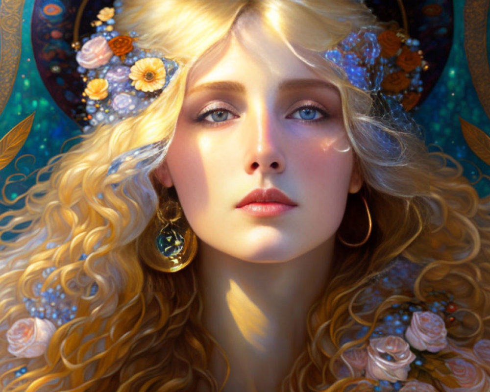 Close-up portrait of a woman with golden hair and flowers