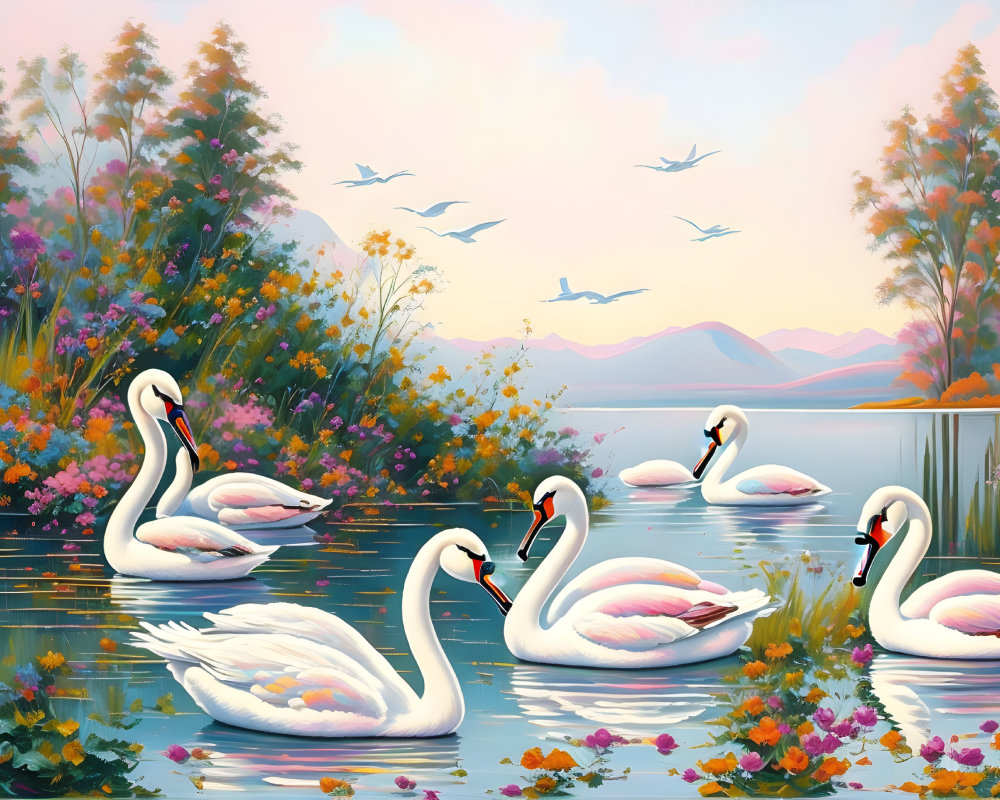 Oil Painting of Swans in a Serene Landscape Scene