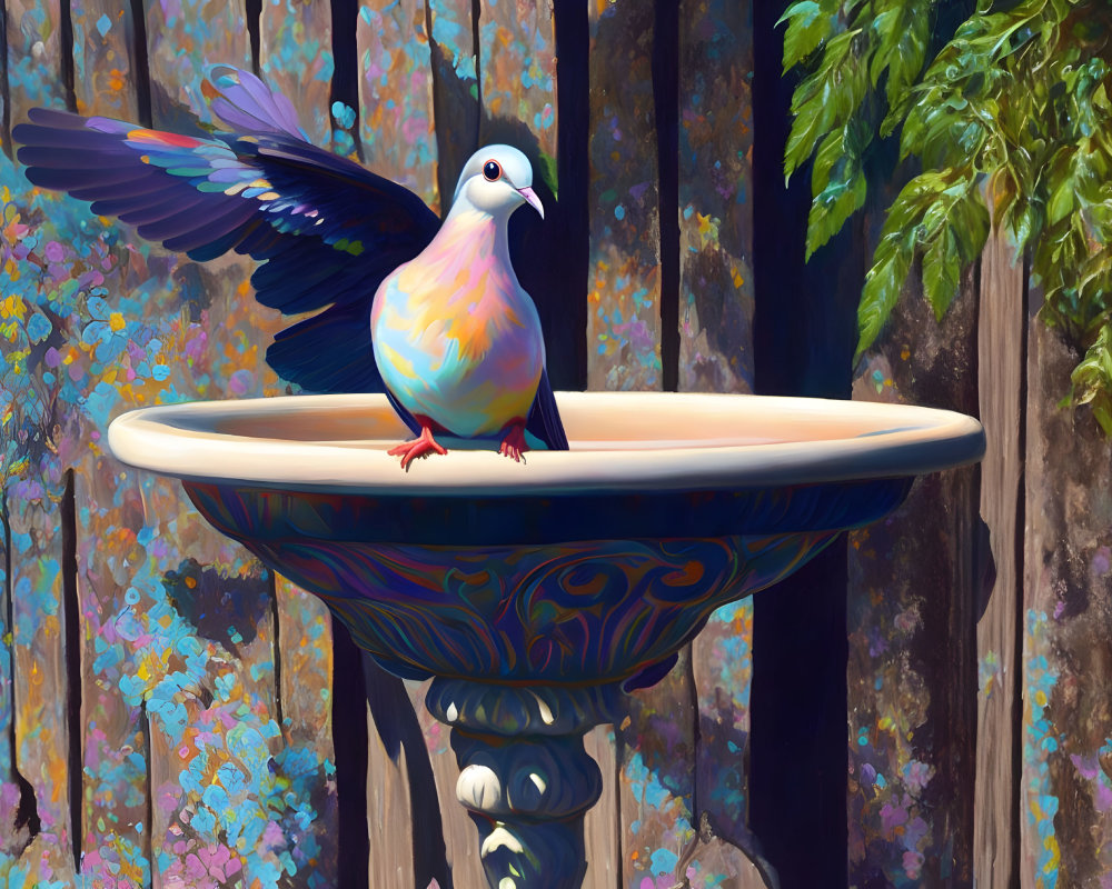 White Dove in Birdbath with Colorful Chest and Wings
