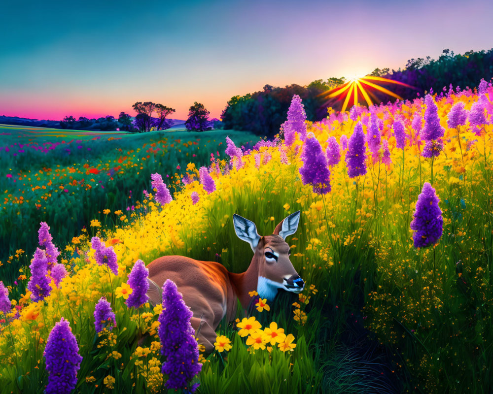 Deer in a Vibrant Meadow at Sunrise with Wildflowers