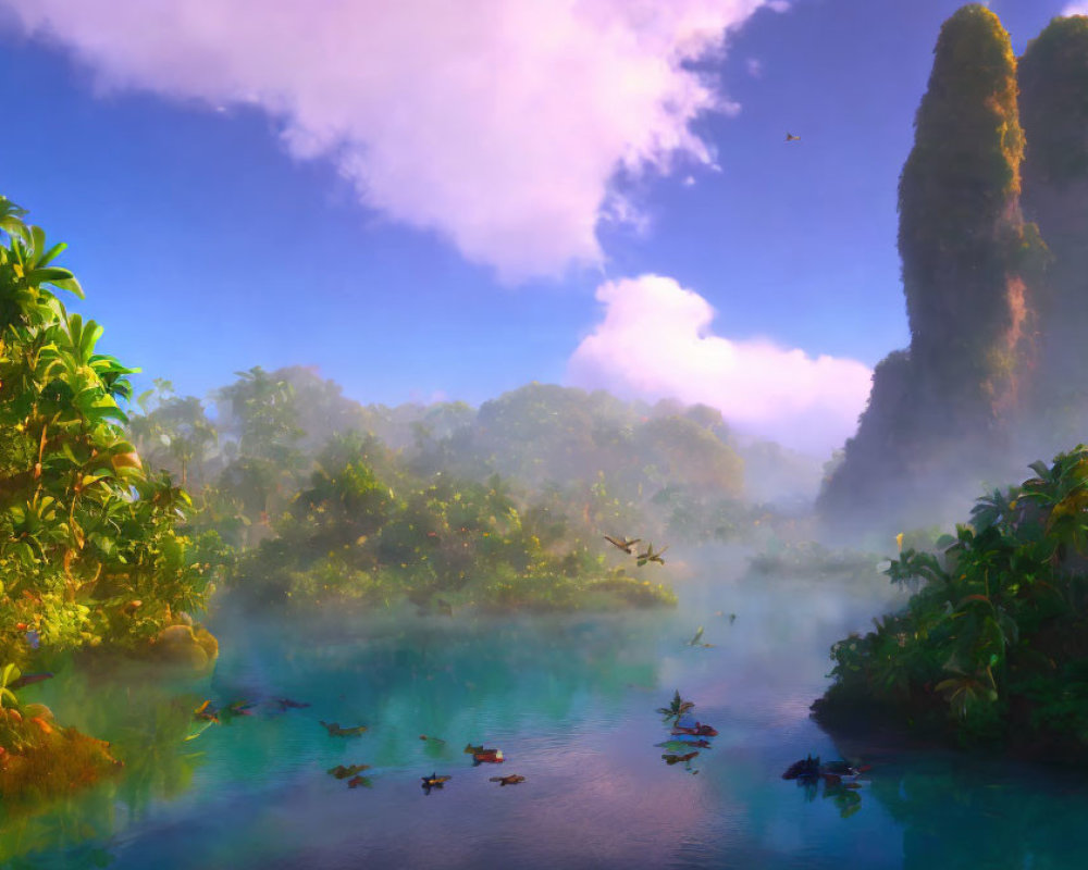 Tranquil landscape: blue river, greenery, rock formations, mist, birds, blue sky