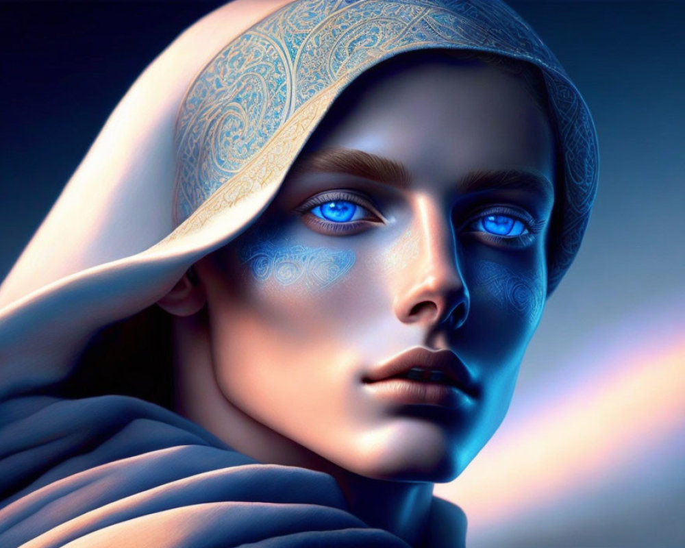 Digital artwork featuring person with blue skin, blue eyes, and ornate face patterns in blue and gold