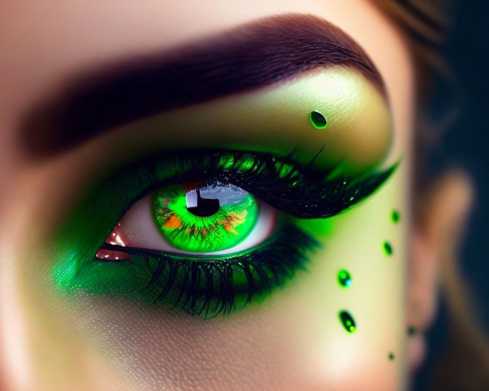 Vivid Green Eye with Dramatic Makeup and Jewels