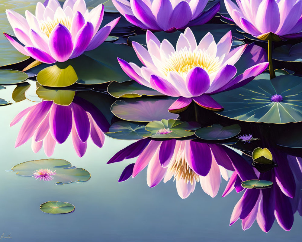 Purple and White Water Lilies Reflecting on Blue Water with Green Lilypads