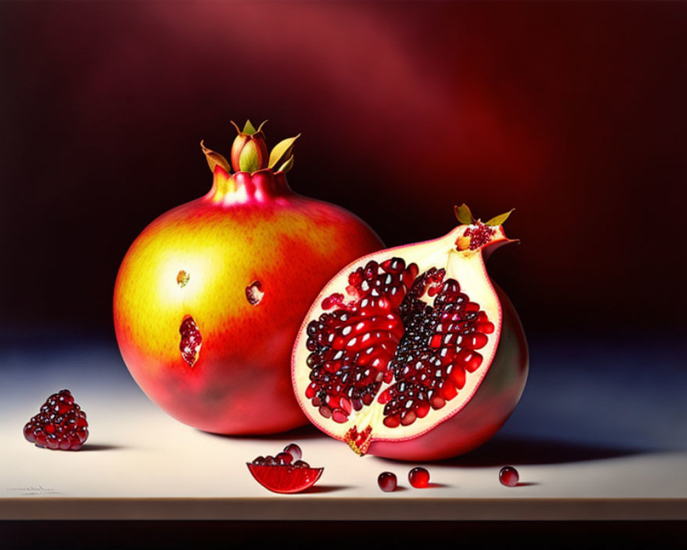 Colorful painting of whole and halved pomegranates with seeds on gradient background
