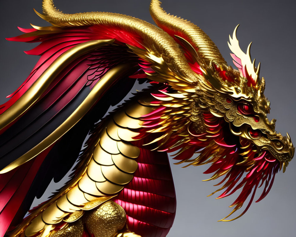 Golden Dragon Sculpture with Red and Gold Scales Soaring in Grey Background