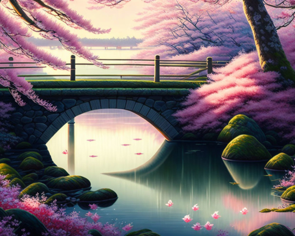 Stone bridge over serene pond with cherry blossoms and lush greenery