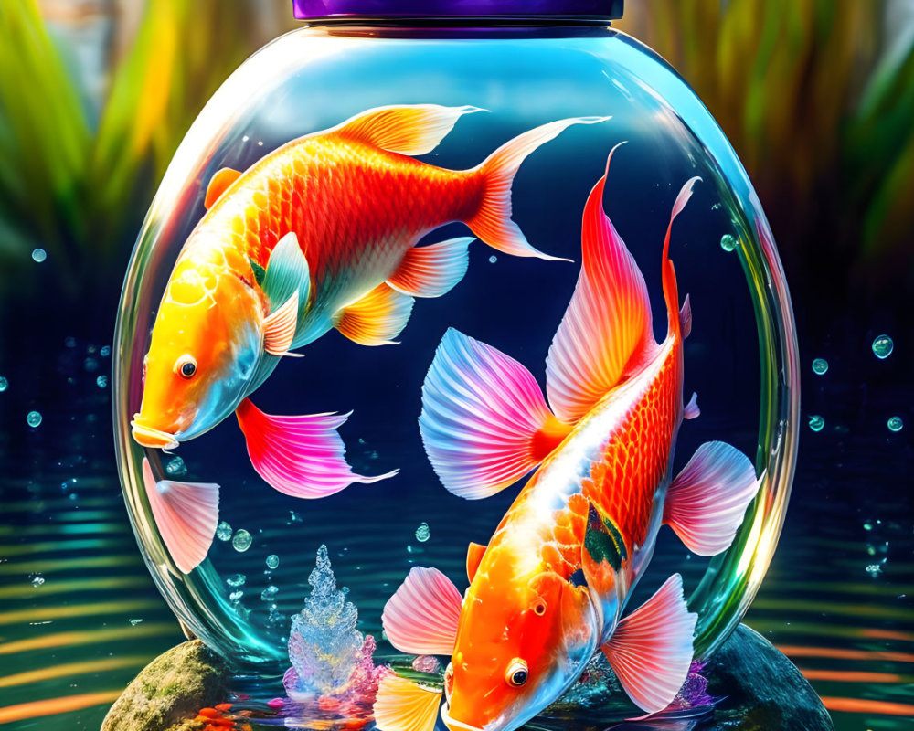 Vibrant Orange Fish in Round Fishbowl with Bubbles and Greenery