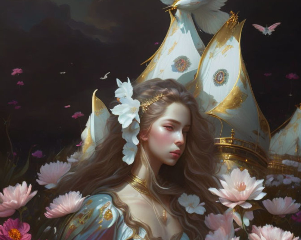 Regal woman with flowing hair in blue robe and crown in garden with castle and bird.