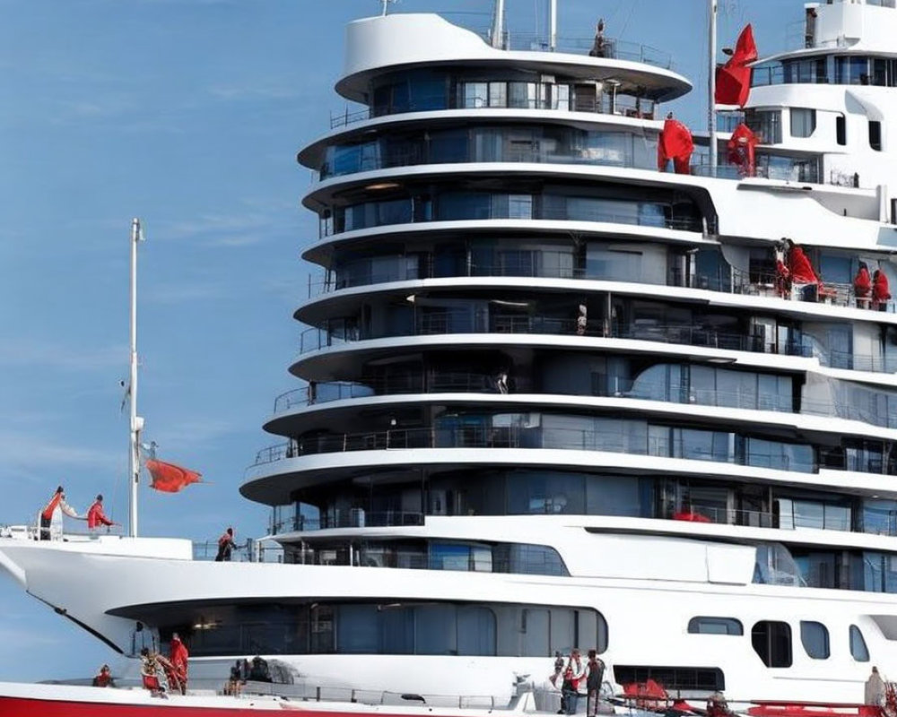 Luxurious multi-tiered yacht with white and dark accents and red detailing under clear blue sky