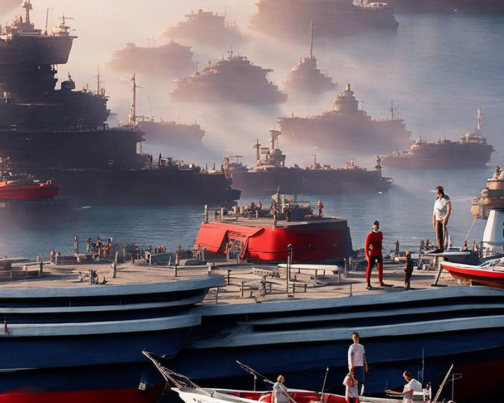 Naval port with warships in mist, civilians on boats, serene blue sky