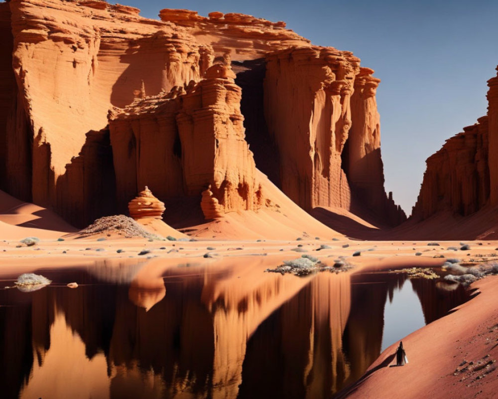 Sandstone cliffs and desert oasis under clear blue sky