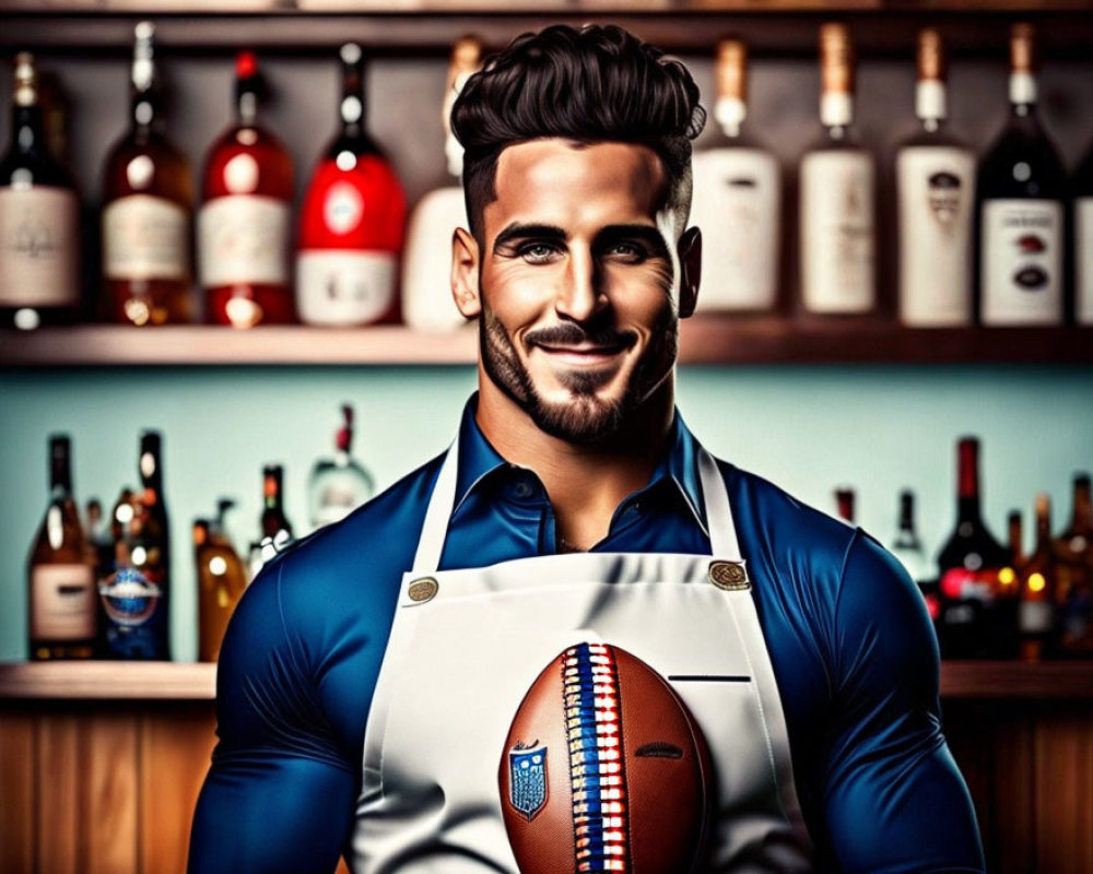 Smiling man with styled beard in apron at bar with football and bottles