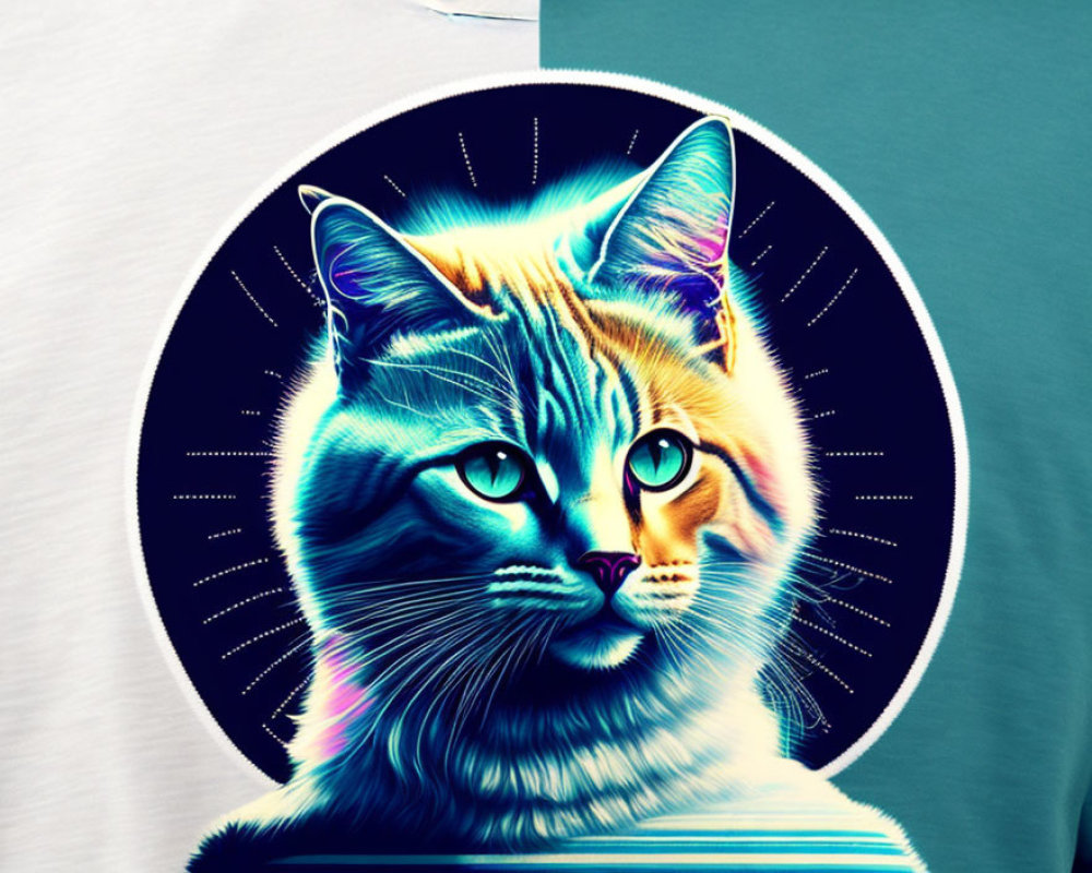 Colorful Cat Graphic on Shirt: Neon Blue & Yellow Against Circular Backdrop