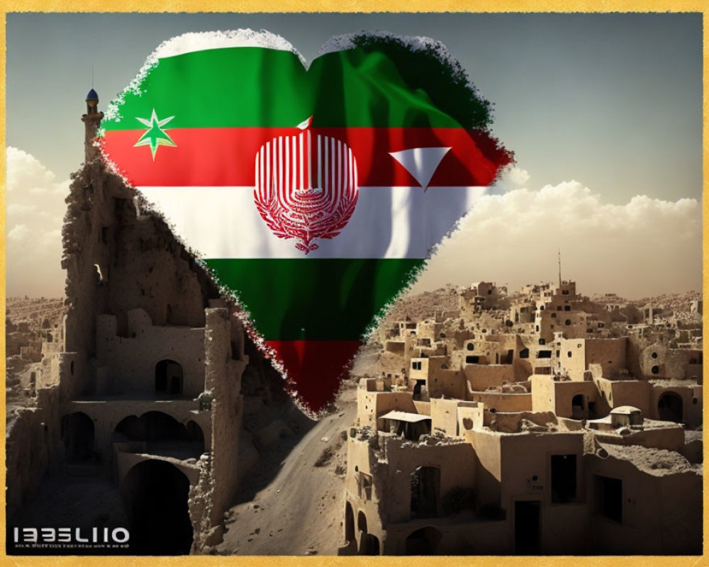 Heart-shaped Iranian flag over Middle Eastern village with minaret