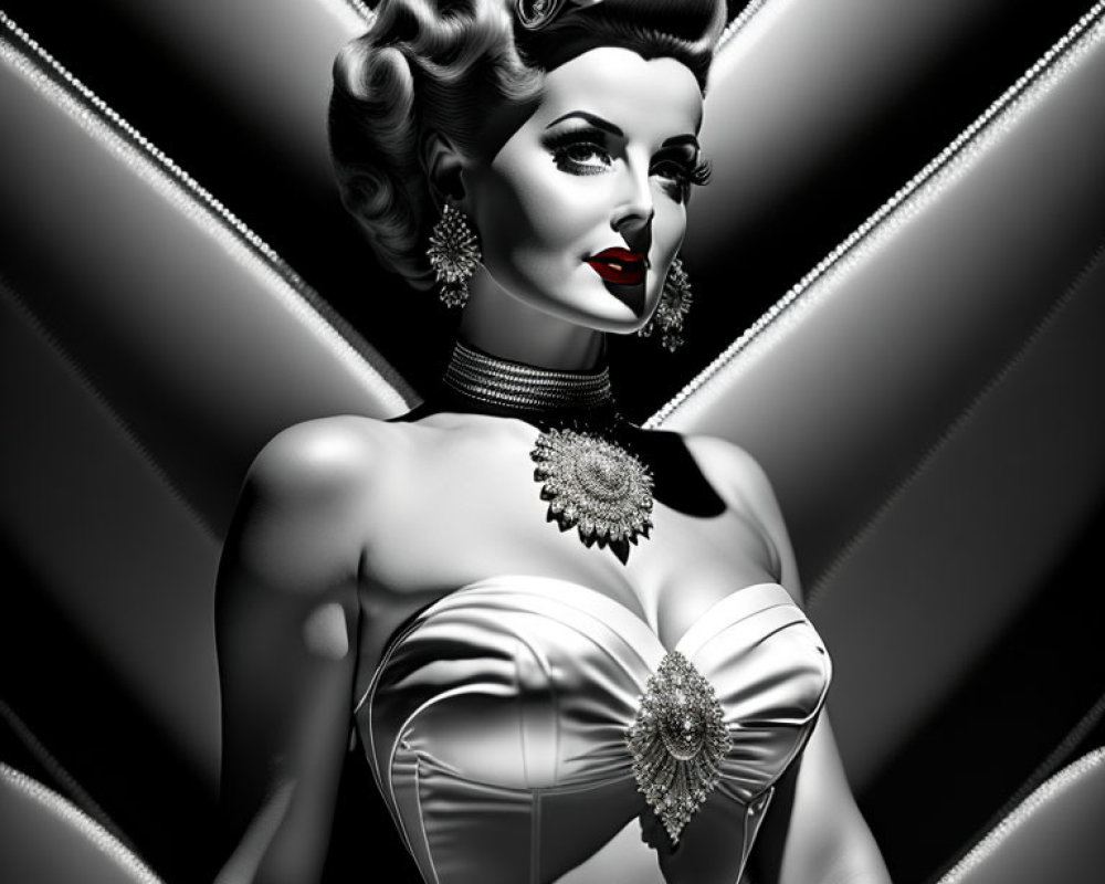 Vintage monochrome image of elegant woman in strapless gown with ornate jewelry on striped background