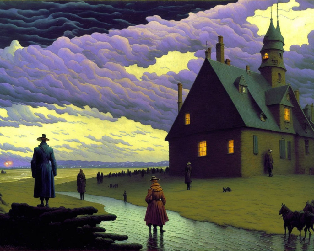 19th-Century Attired Figures Approaching Illuminated House at Twilight