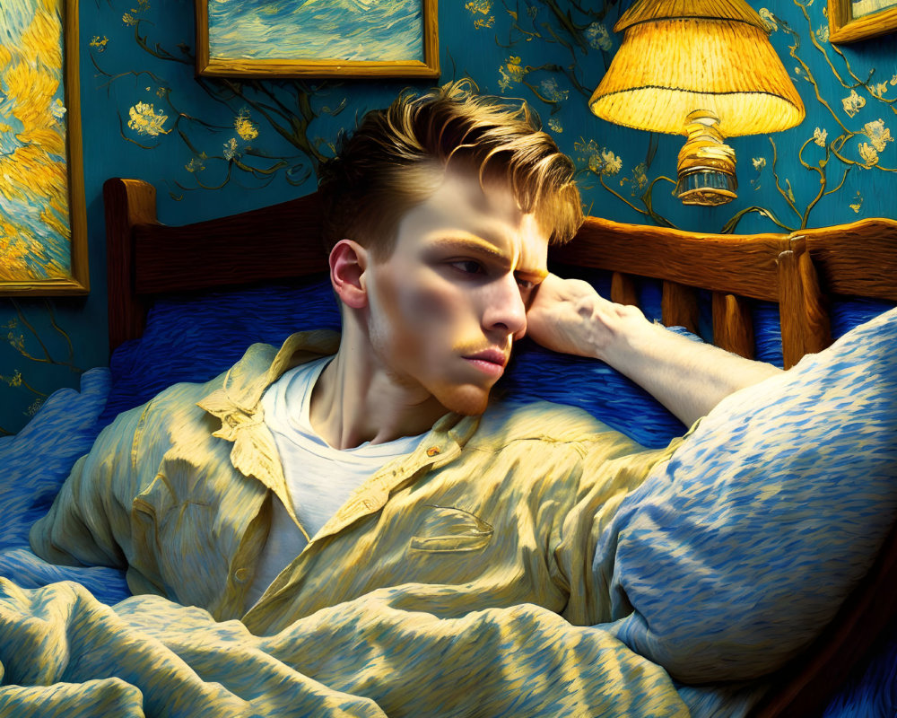 Young man with styled hair in blue floral room wearing yellow shirt