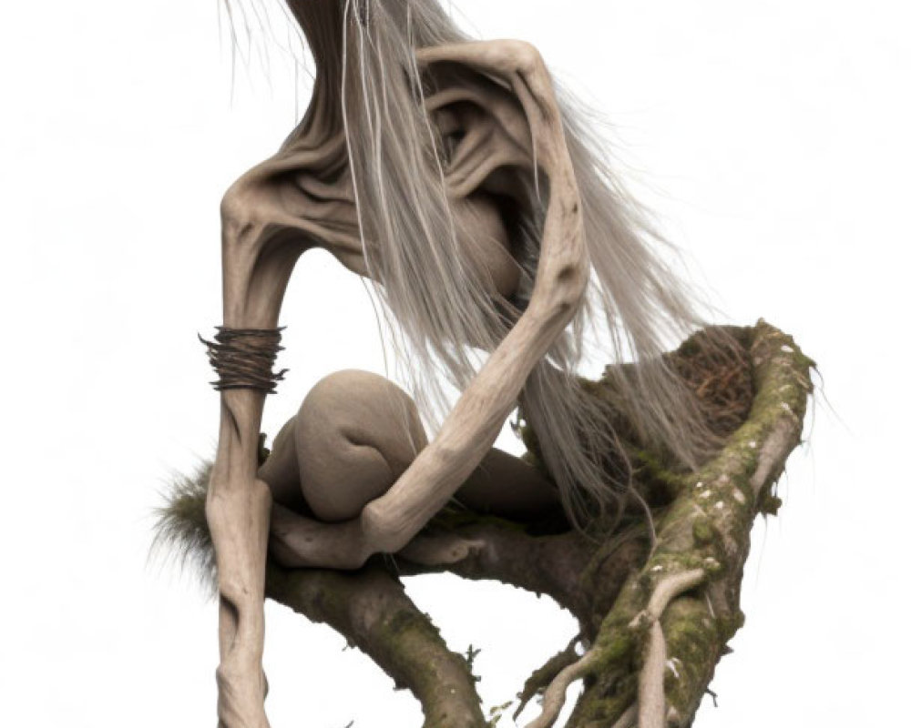 Silver-haired elf-like creature with circular shades on twisted roots