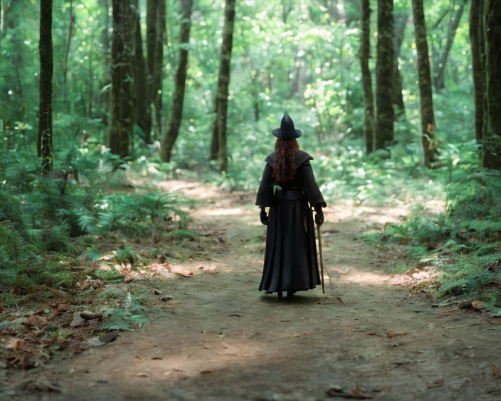 Person in long cloak and pointed hat walking in forest path