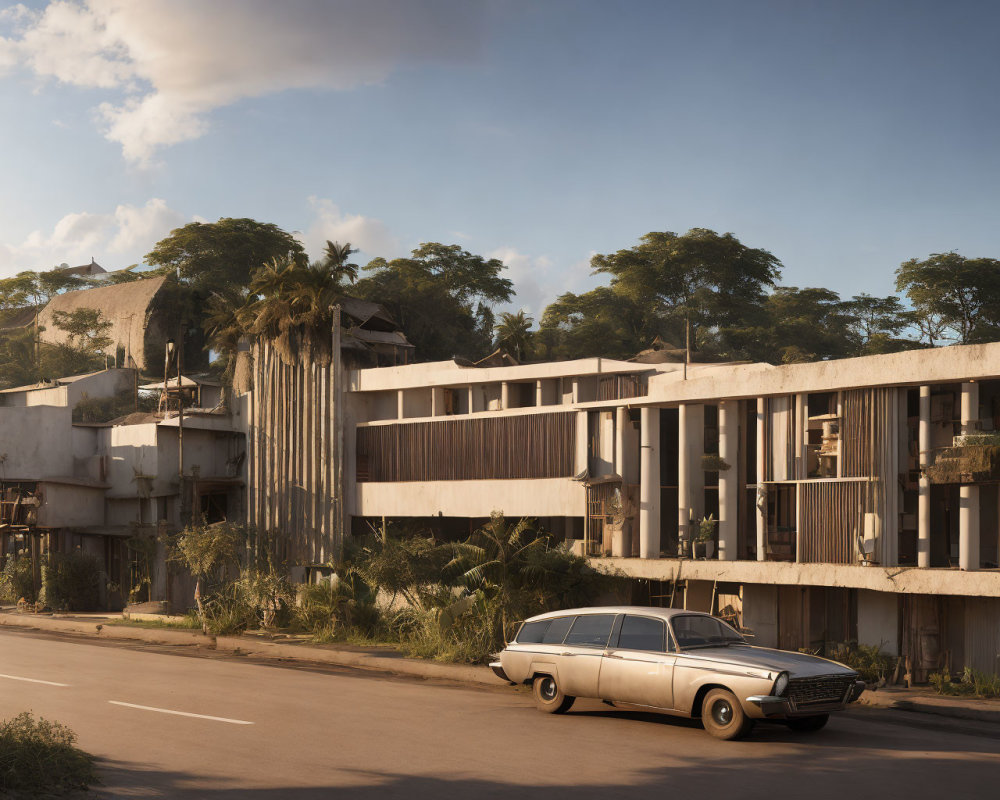 Vintage Car Parked Next to Modernist Concrete Building with Tropical Trees