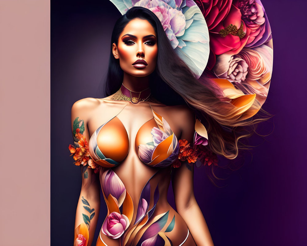 Woman with vibrant flower body paint on floral backdrop