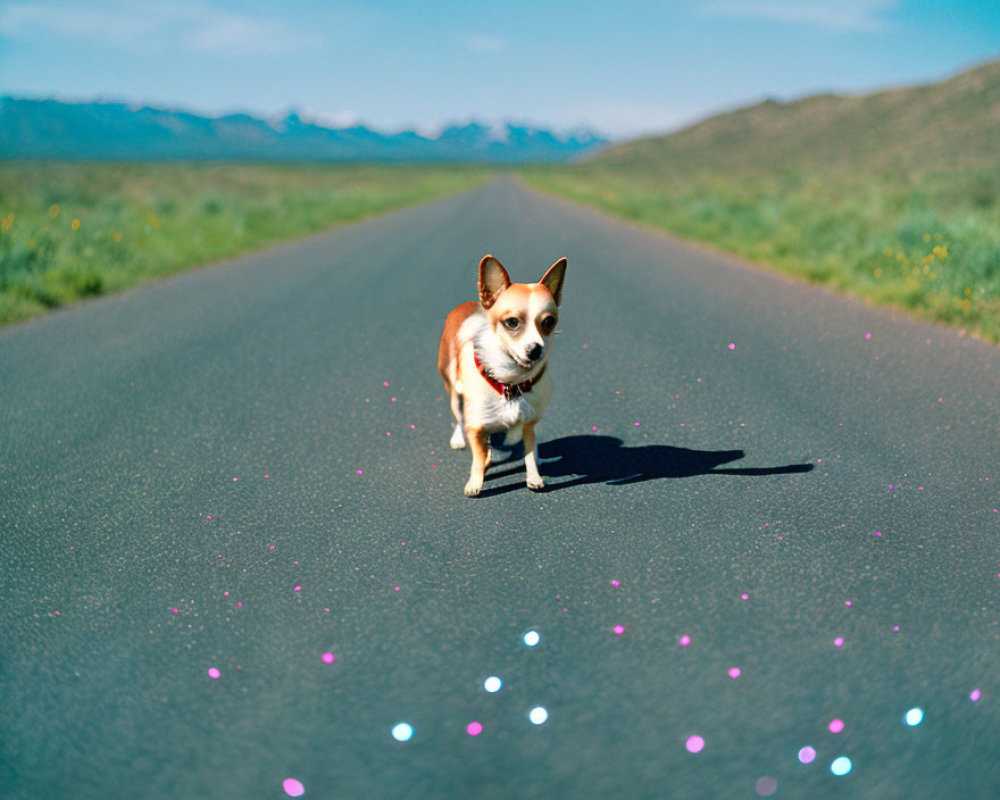 Small dog in harness walking on deserted road with mountains and clear sky