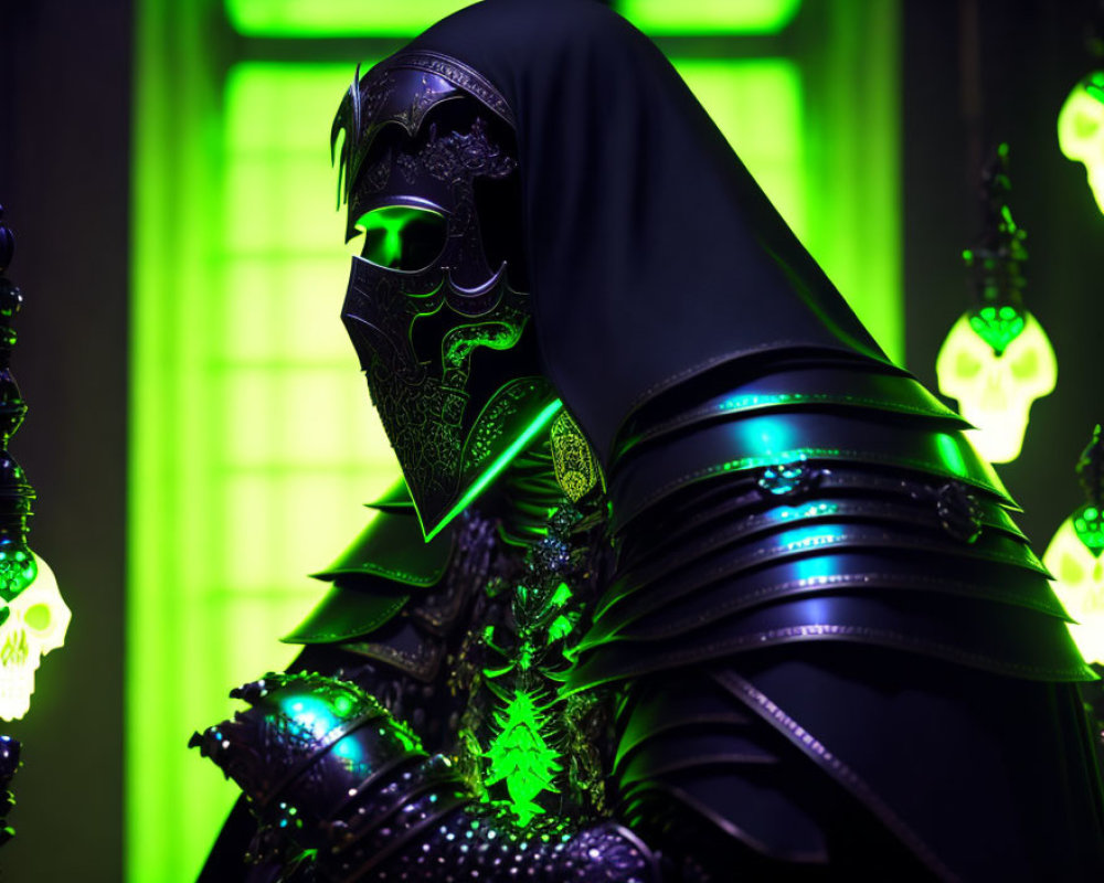 Elaborate black armor and ornate helmet with green lights and skull symbols