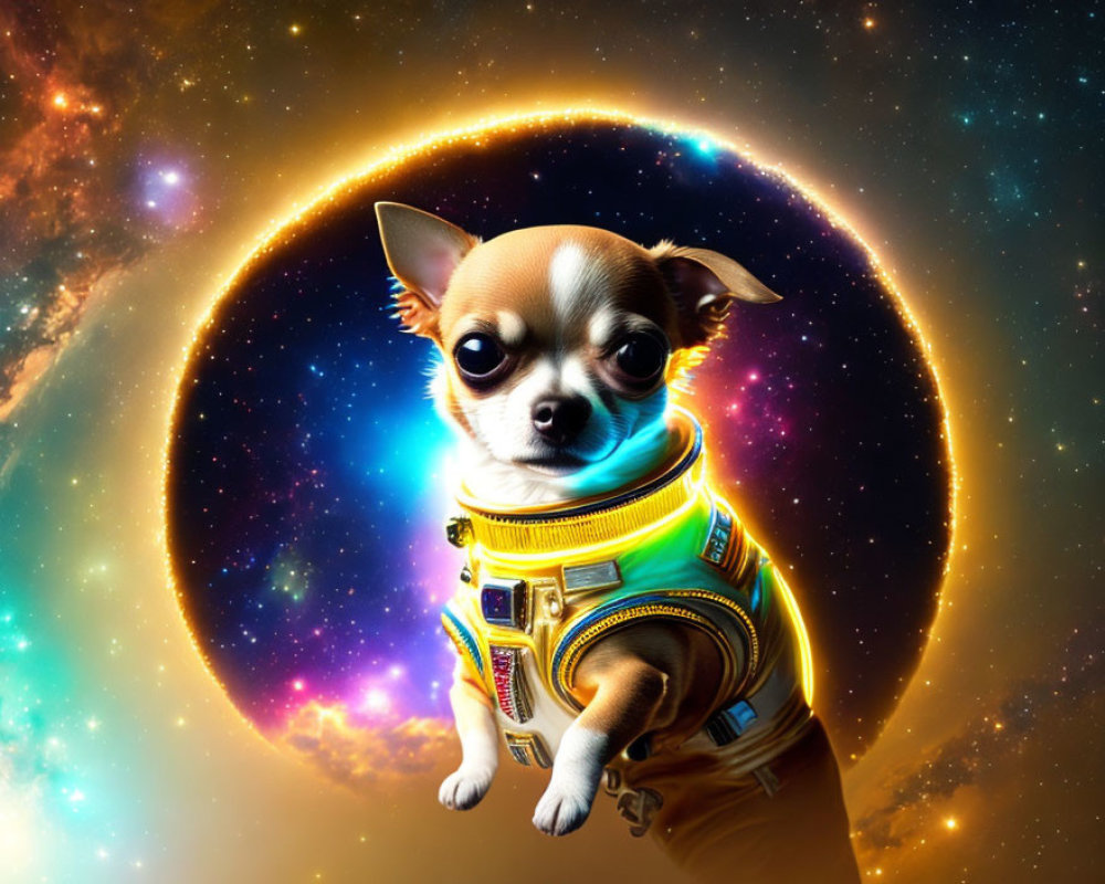 Chihuahua in astronaut suit with vibrant galaxy ring
