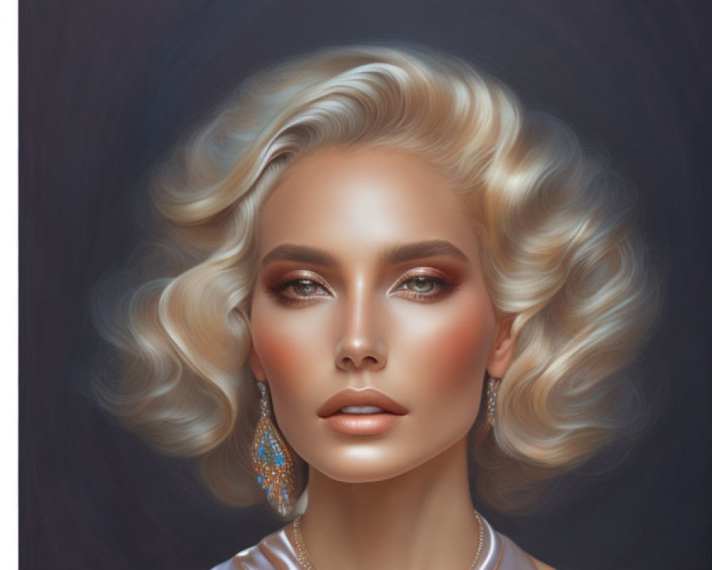 Blonde Woman Illustration with Blue Eyes and Gemstone Earrings