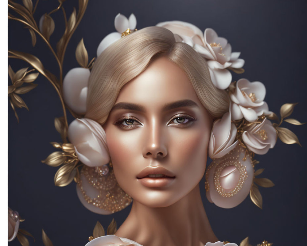 Woman with Golden Floral Adornments in White Blooms on Dark Background