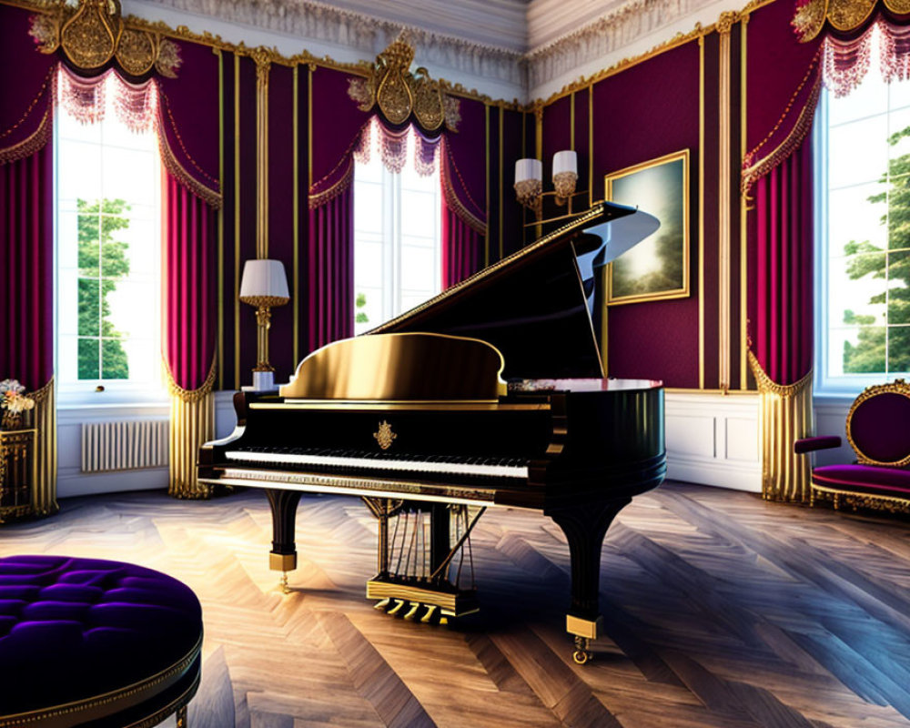 Opulent Room with Purple Walls, Grand Piano, and Golden Trimmings