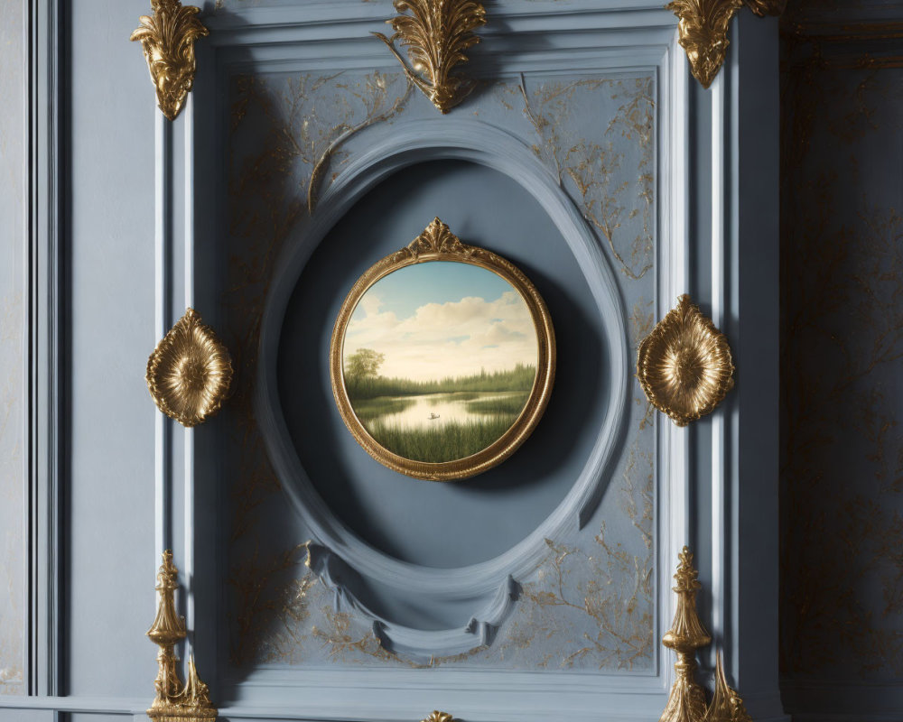 Circular landscape painting in ornate gold-gilded frame on blue wall with gold trimmings