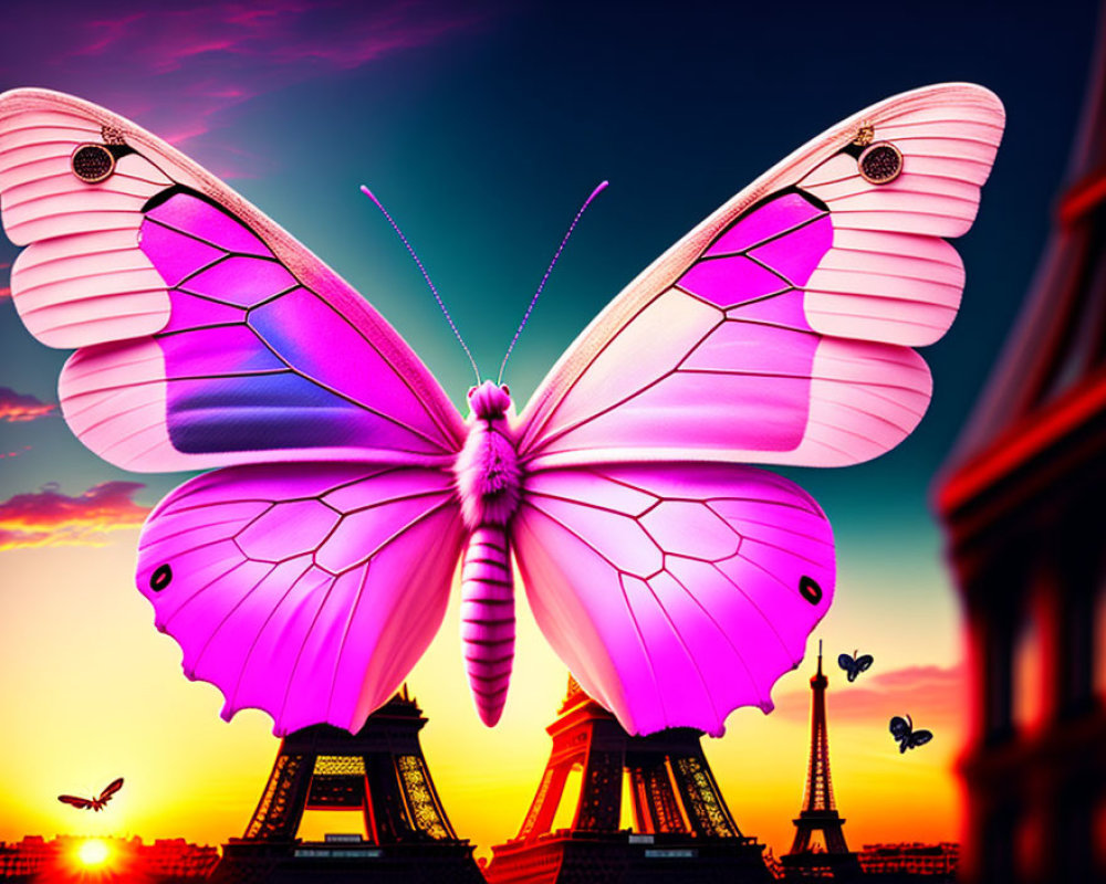 Digital Artwork: Giant Pink Butterfly Over Paris Skyline at Sunset