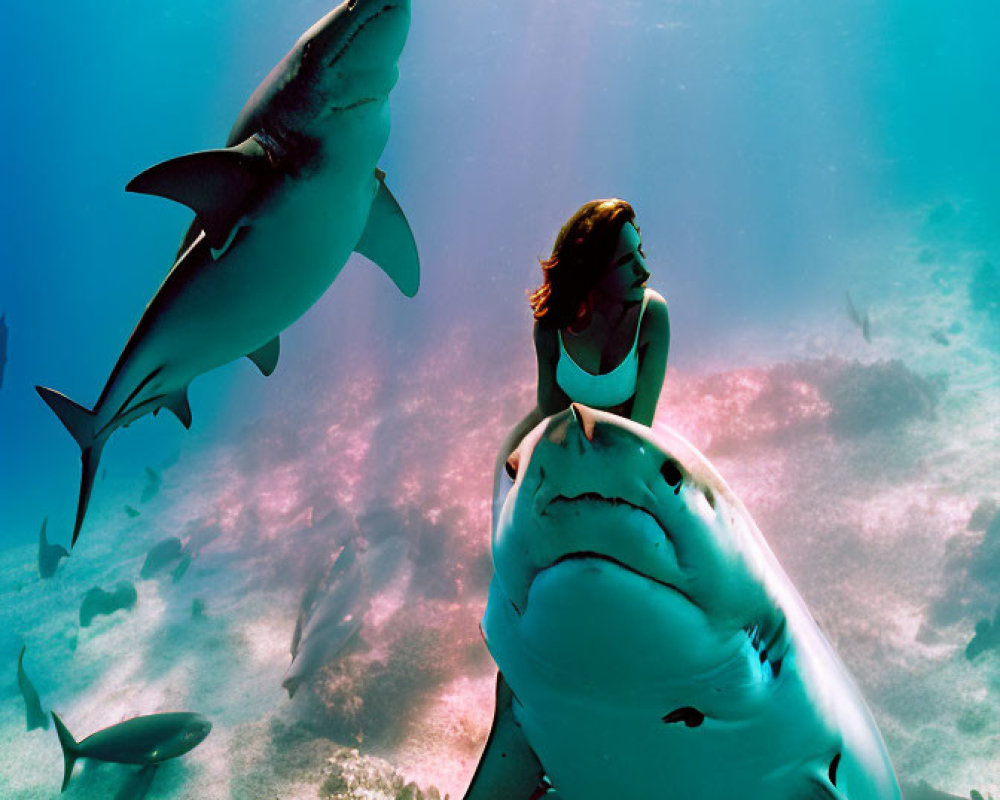 Person surrounded by sharks in serene underwater scene
