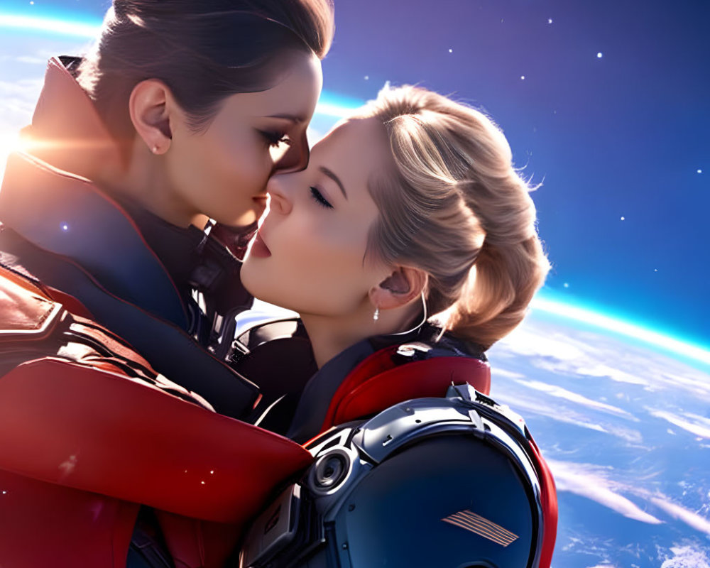 Two women in space suits touching foreheads with Earth's horizon and stars in the background.