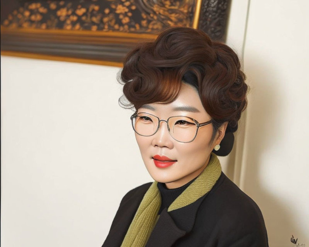 Person with Short Curly Brown Hair, Glasses, Green Turtleneck, Black Blazer, E