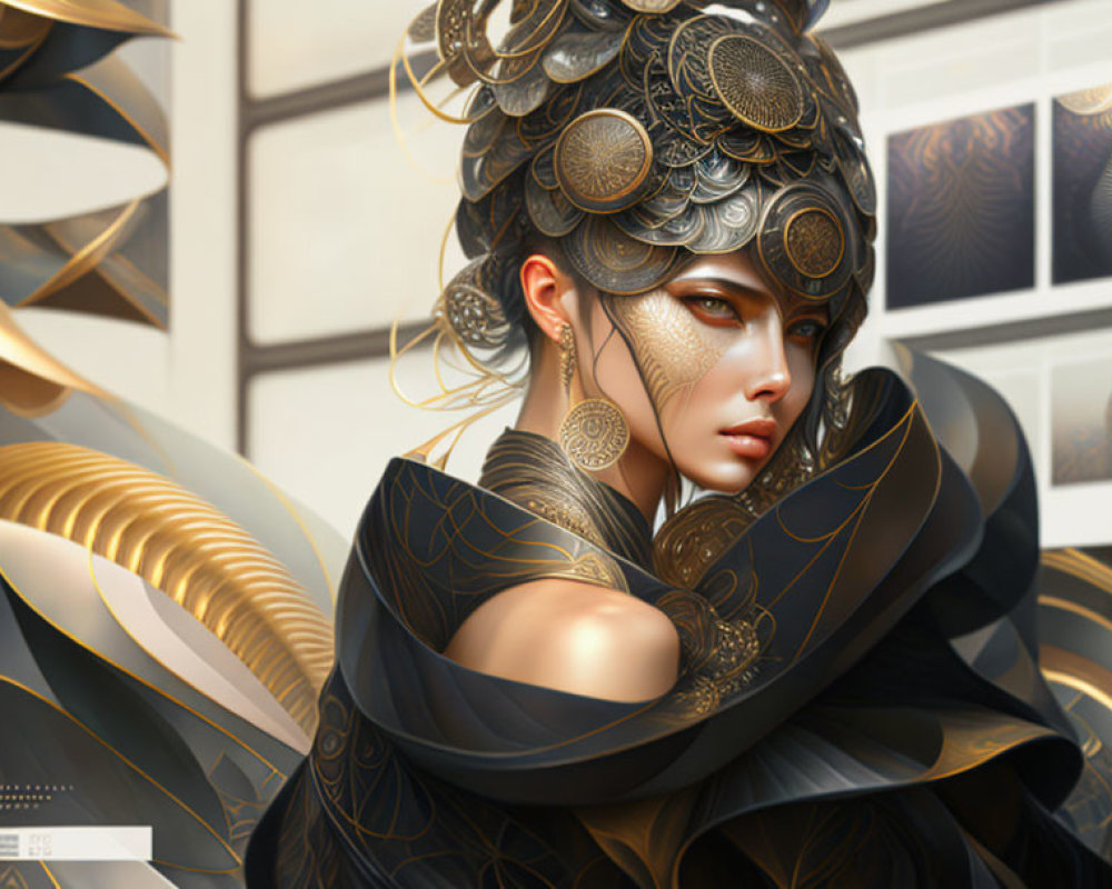 Digital artwork of a woman in ornate golden headdress and jewelry