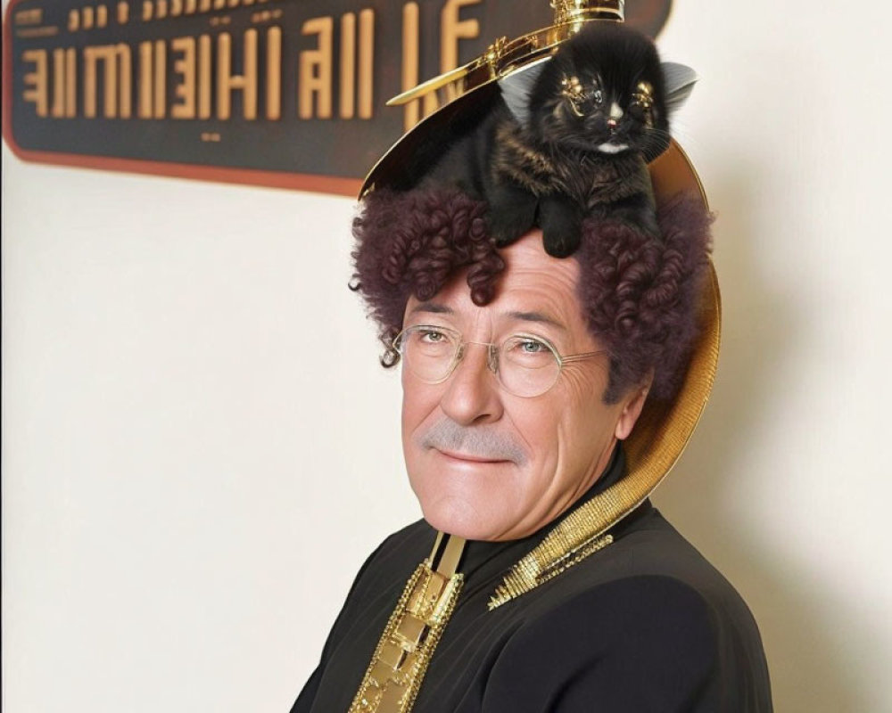 Curly wig and glasses person with black cat and halo glow