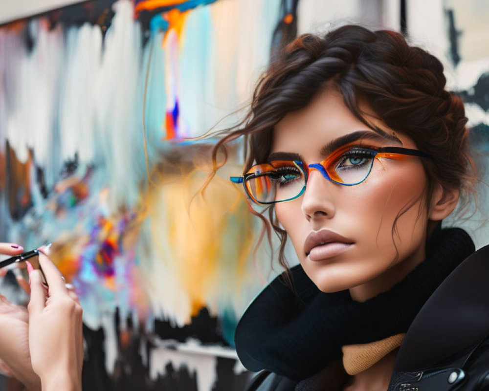 Vibrant makeup and glasses on woman against abstract painting