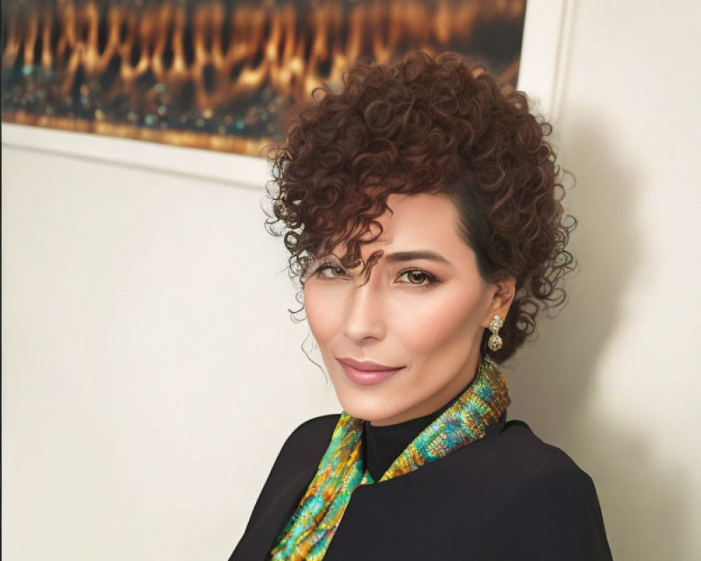 Confident person with short curly hair in blazer and colorful scarf with abstract artwork.