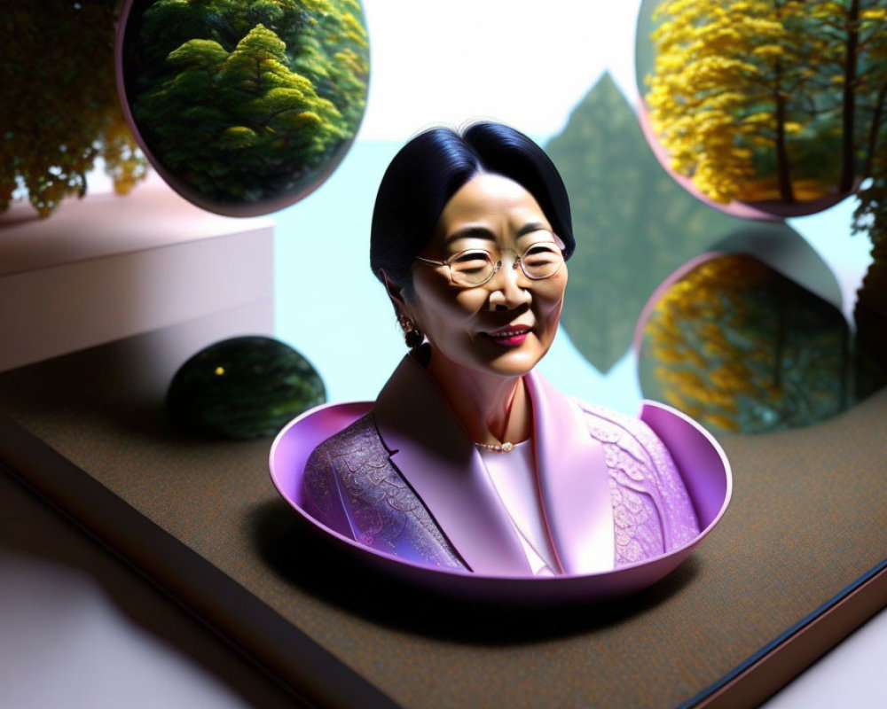 Smiling woman with glasses in lavender outfit among trees and mirrors