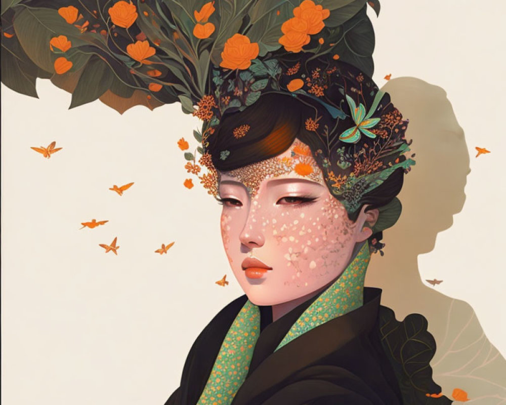 Illustrated portrait of a woman with orange flower headdress and butterflies